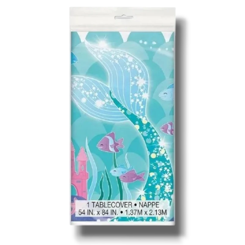 Mantel rectangular PartyStore con diseño de sirena en tonos azul y rosa para fiestas infantiles