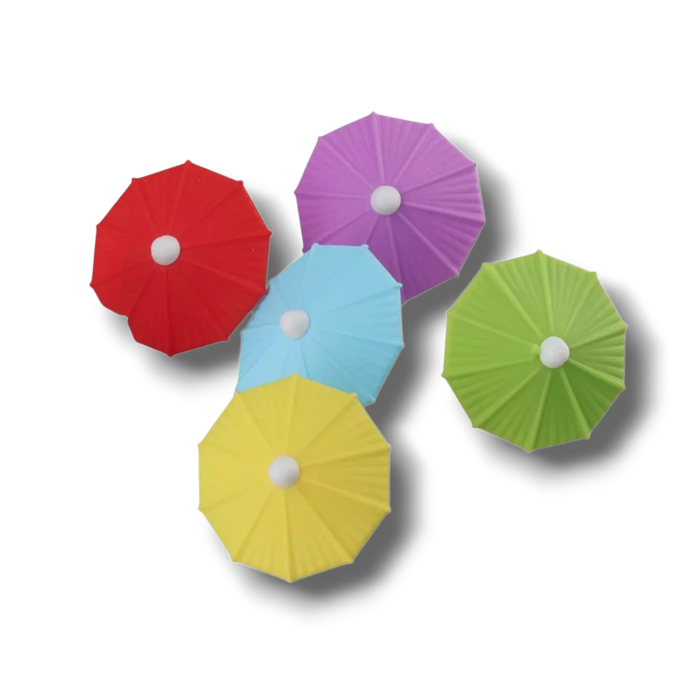 Set de 6 marcadores de bebidas PartyStore con forma de sombrillas de silicona en colores vibrantes surtidos