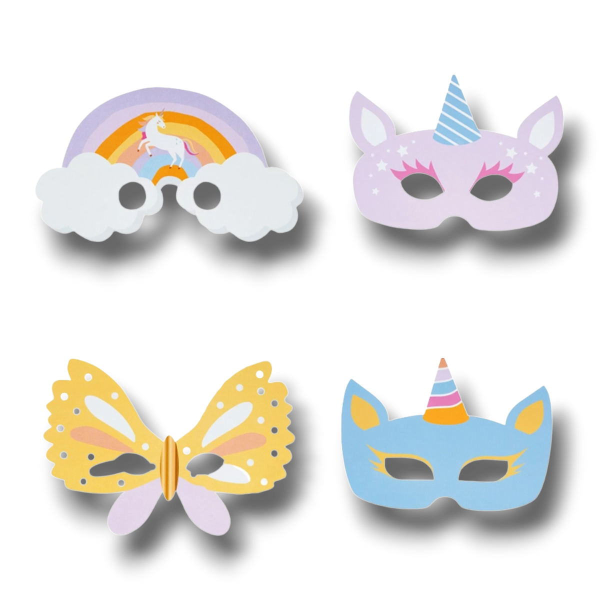 Set de 4 máscaras de papel PartyStore con diseños de unicornio, arcoíris y mariposa en colores pastel para fiestas.