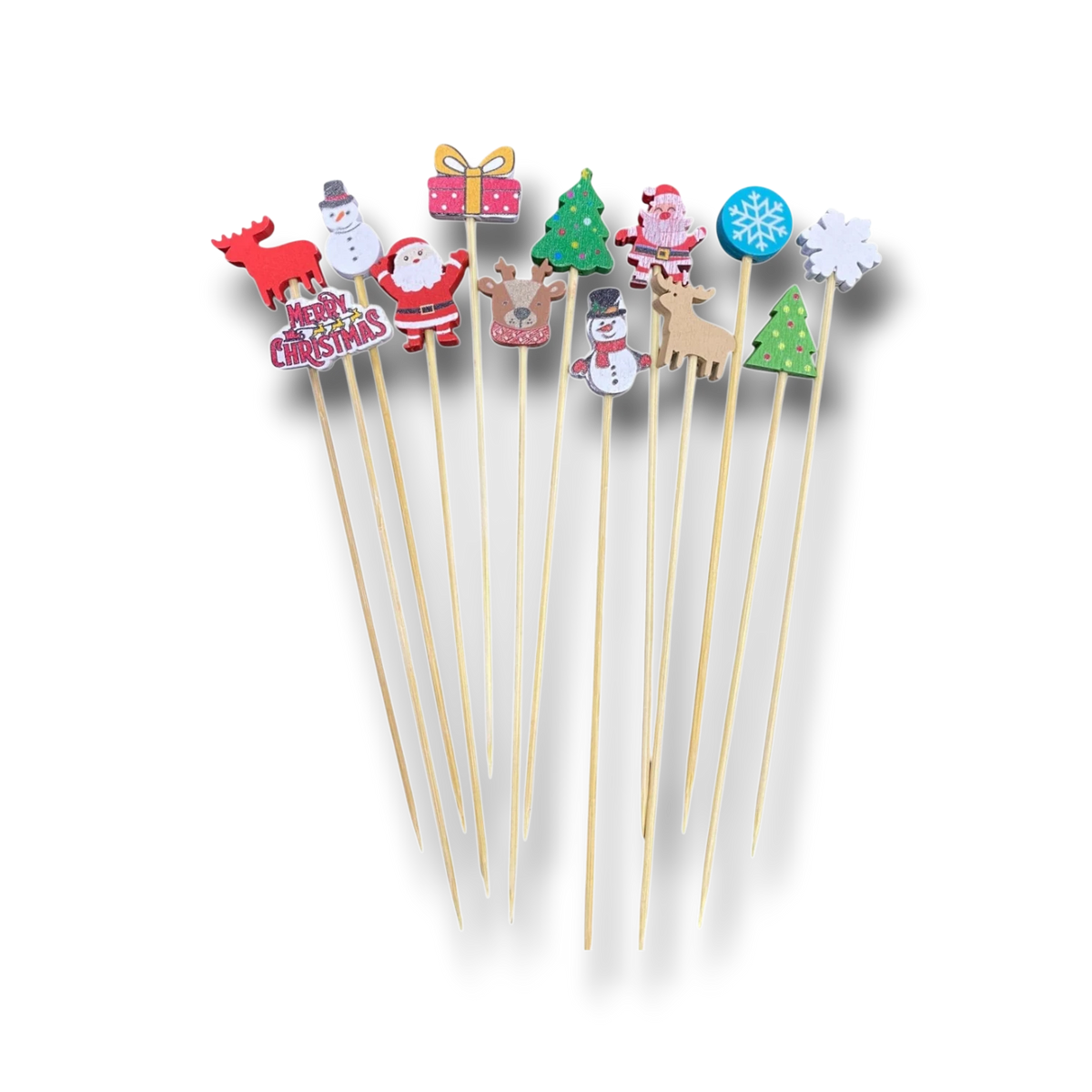Set de 10 palillos decorativos de madera PartyStore con figuras navideñas coloridas para aperitivos y postres