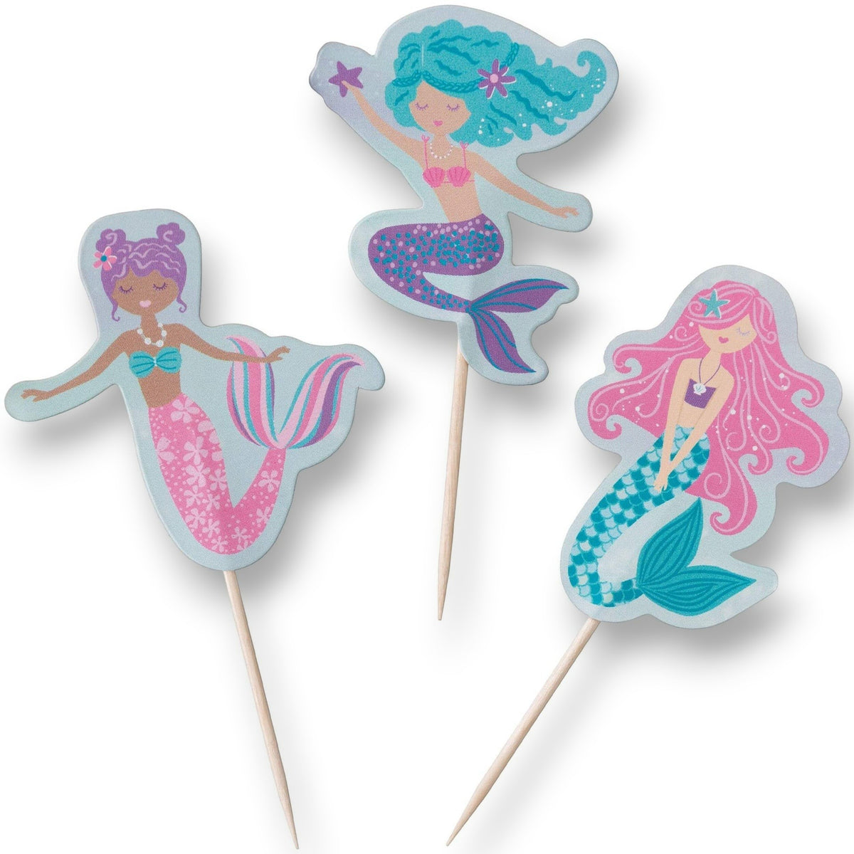 Palillos decorativos PartyStore con figuras de sirenas coloridas para cupcakes y postres de fiesta