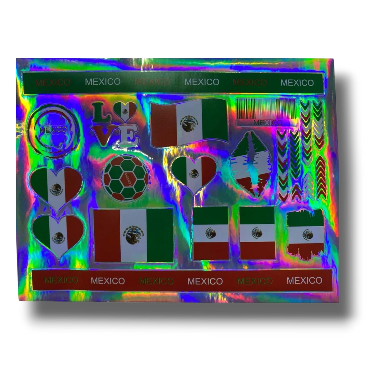 Hoja de pegatinas holográficas PartyStore con temática de México, incluyendo banderas, corazones y balones de fútbol.