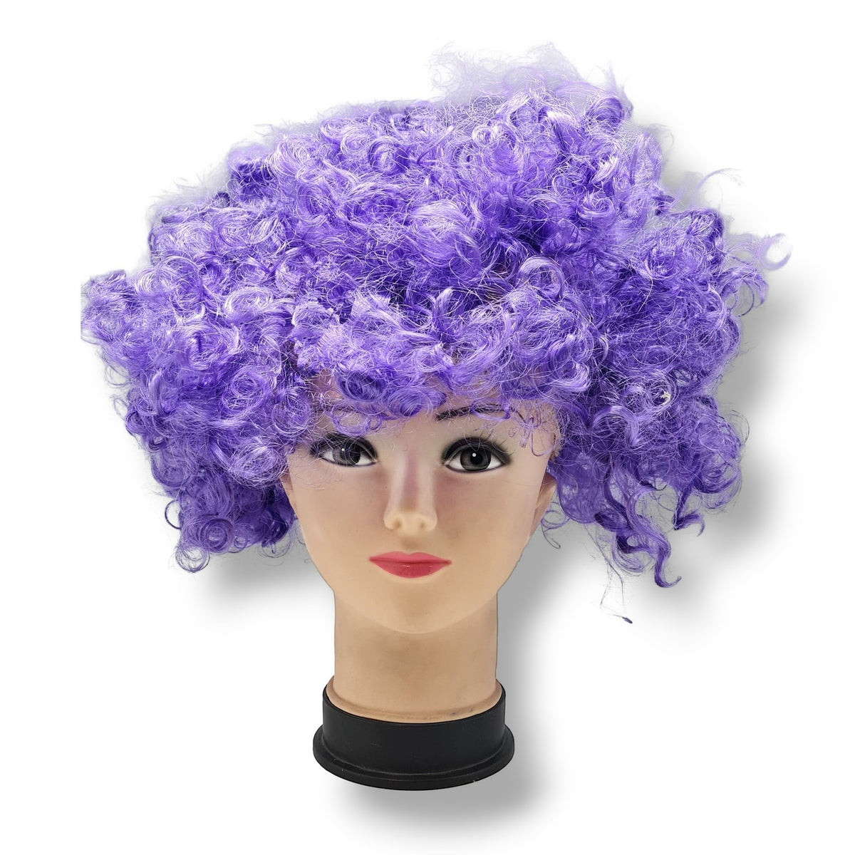 Peluca afro de color morado vibrante con rizos voluminosos sobre un maniquí, ideal para disfraces de PartyStore