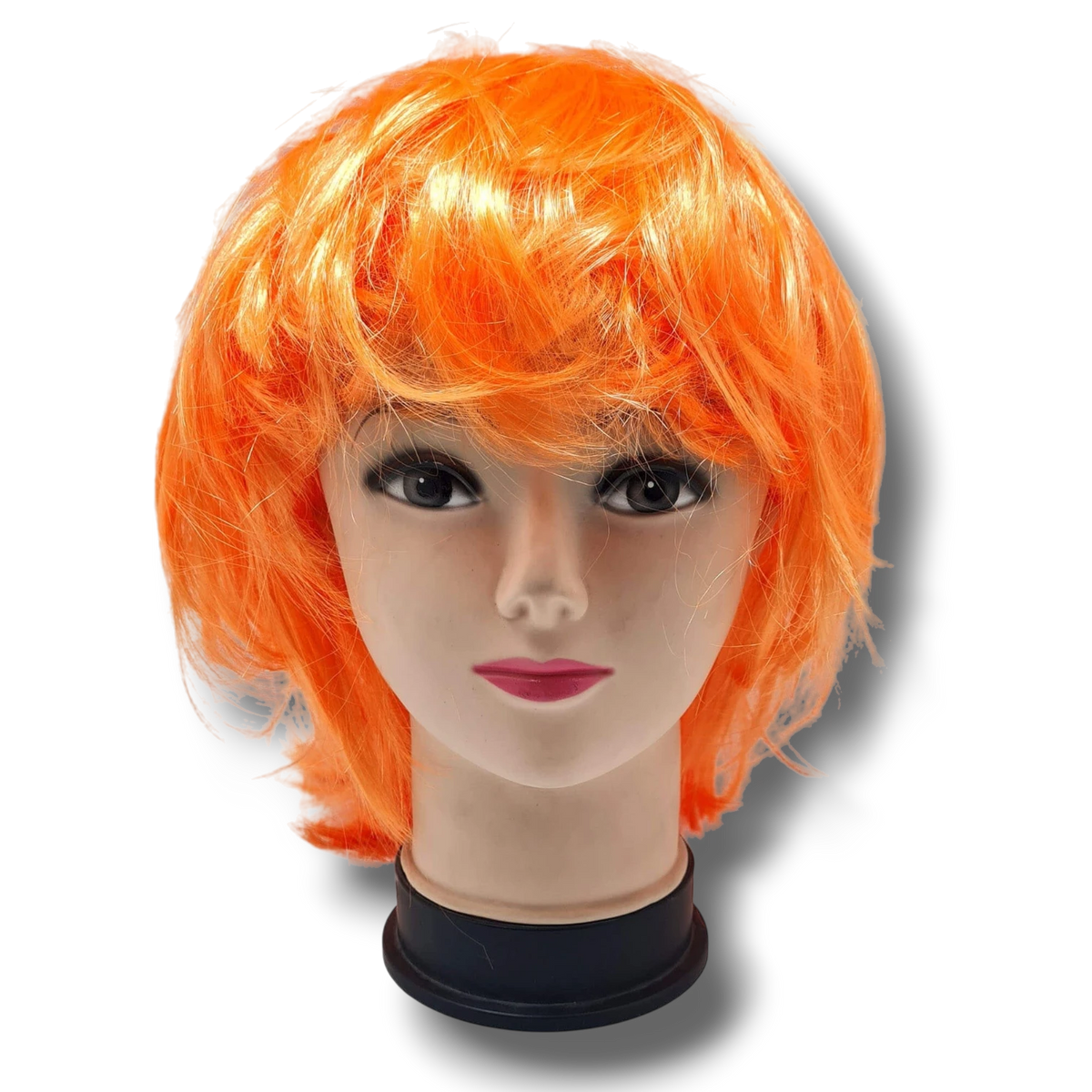 Peluca PartyStore de color naranja neón brillante con corte estilo corto y despeinado sobre maniquí