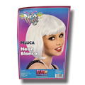 Empaque de peluca PartyStore color blanco con corte bob para disfraz en modelo femenina