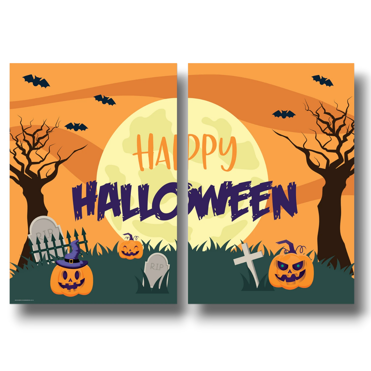 Photobanner Happy Halloween de PartyStore con diseño de calabazas, murciélagos, lápidas y luna llena en tonos naranja.