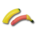 Plátano de juguete PartyStore de plástico en colores amarillo y rosa para decoración de fiestas