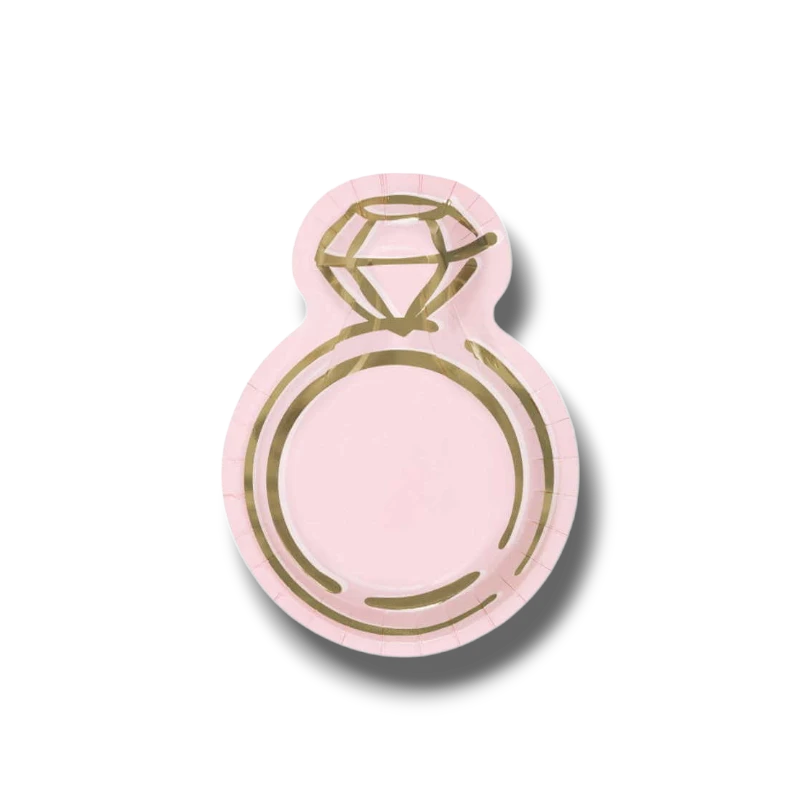 Plato de papel PartyStore con forma de anillo de compromiso rosa y detalles en lámina dorada para fiestas