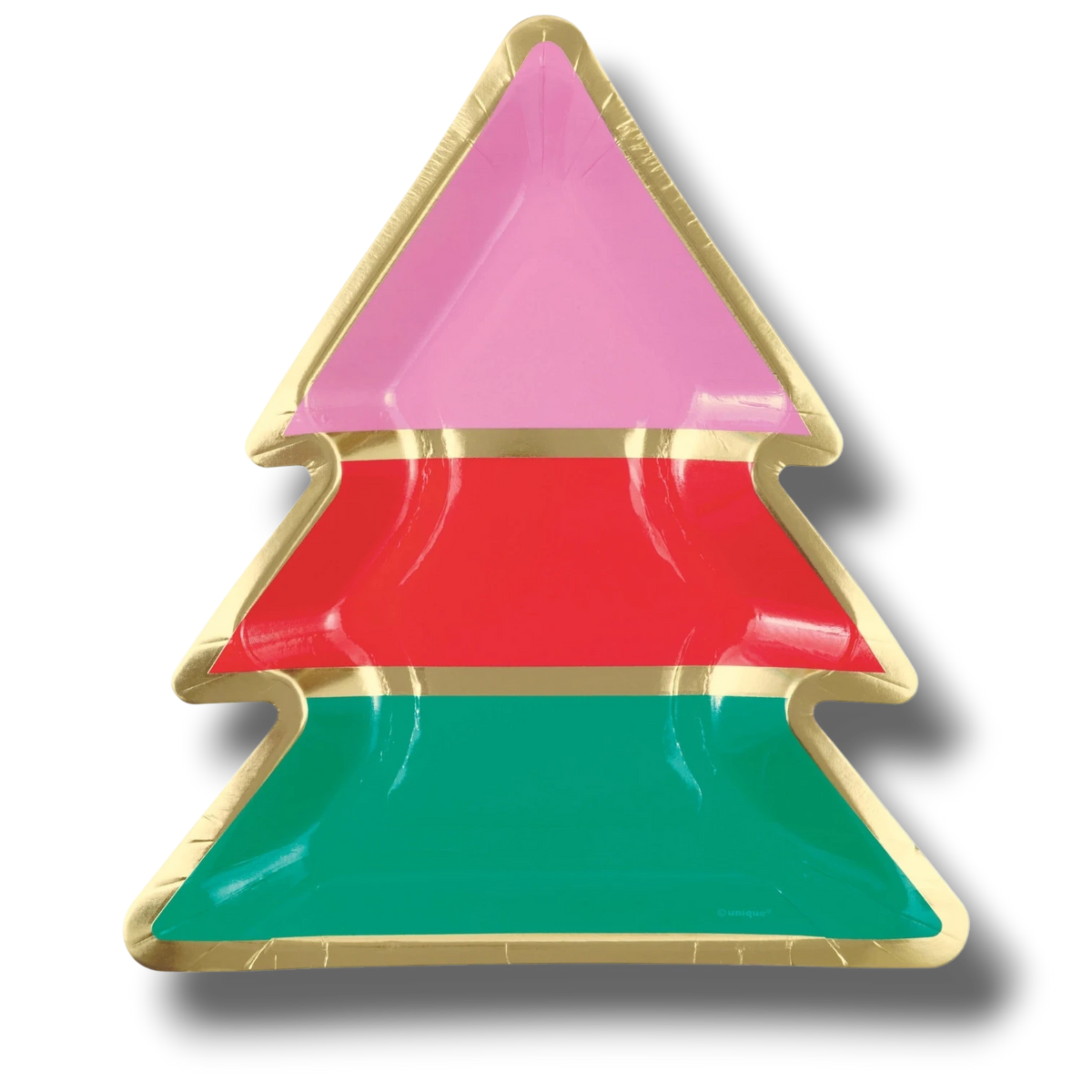Plato de papel PartyStore con forma de árbol de Navidad en colores rosa, rojo y verde con borde dorado brillante