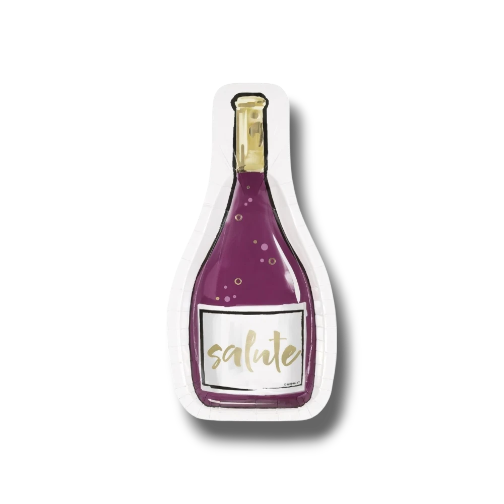 Plato de papel PartyStore con forma de botella de champán morada y texto salute para celebraciones