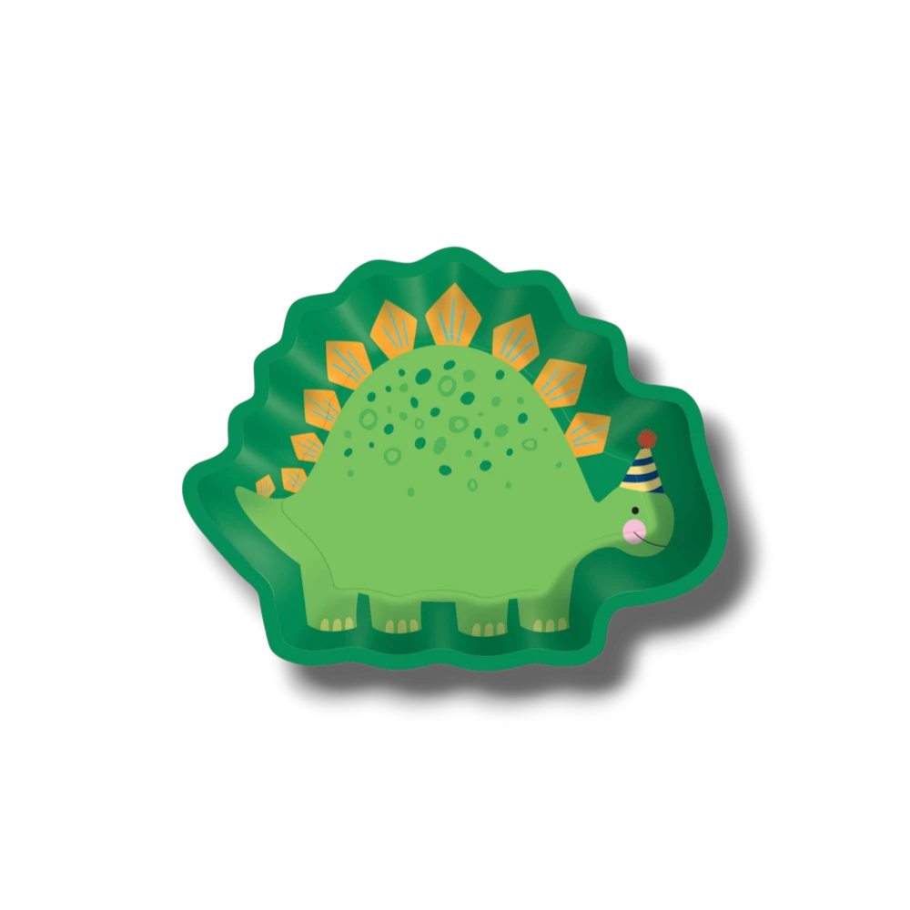 Plato de papel PartyStore con forma de dinosaurio verde con sombrero de fiesta para celebraciones infantiles