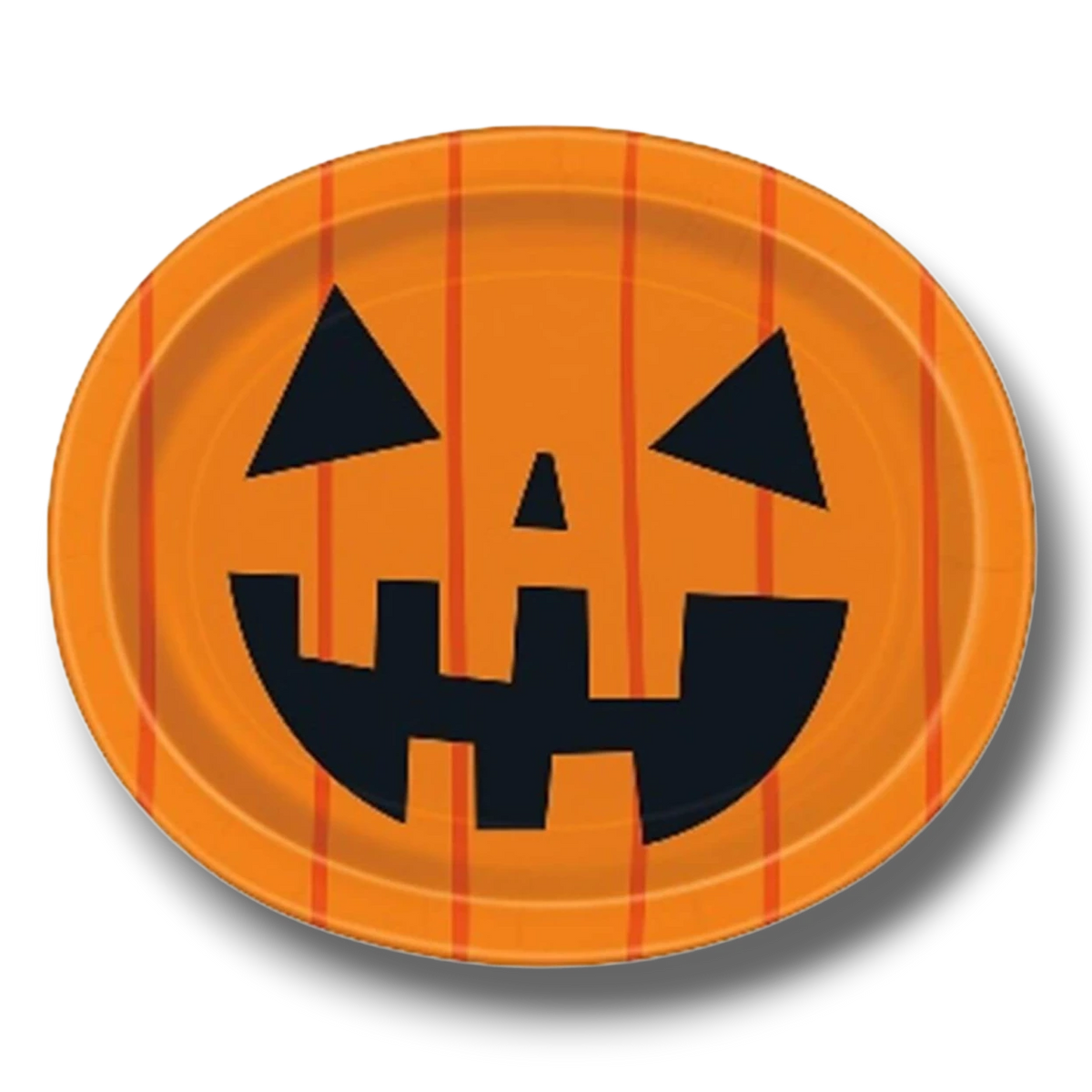 Plato ovalado de papel PartyStore con diseño de calabaza de Halloween naranja y cara de Jack-o'-lantern negra