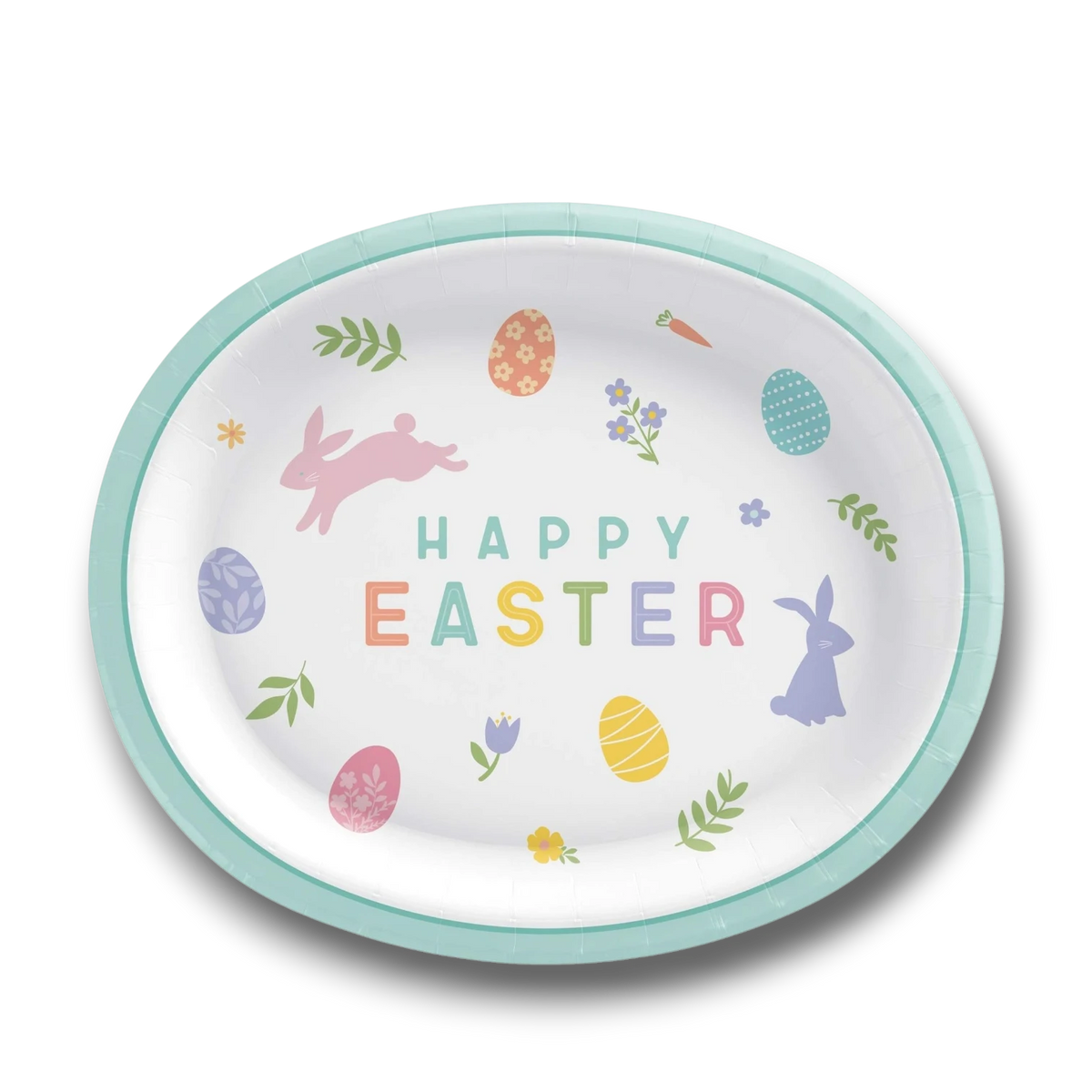 Plato ovalado de papel PartyStore para Pascua con diseño de conejitos, huevos decorados y flores en tonos pastel