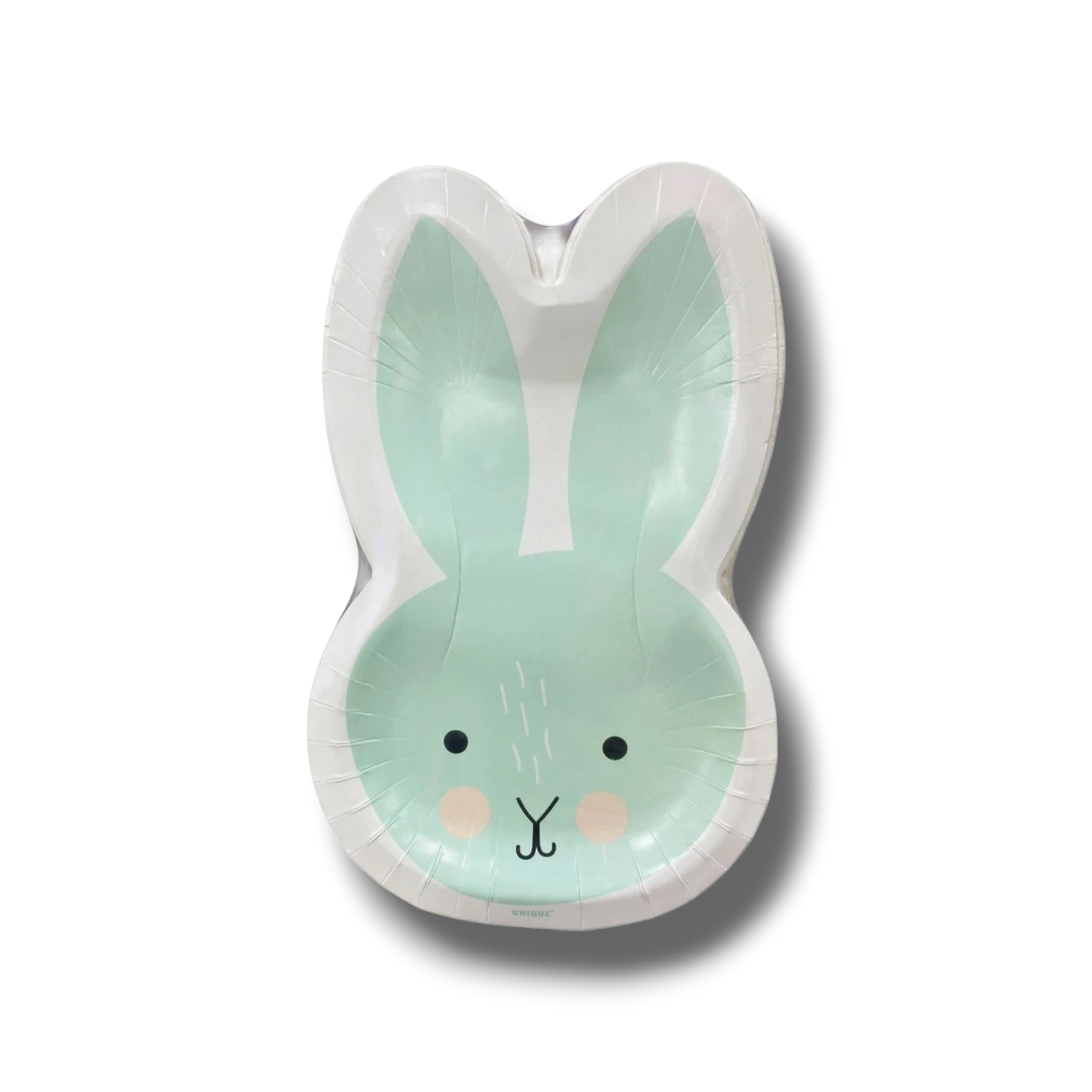 Plato de papel PartyStore con forma de conejito de Pascua en color verde menta y detalles adorables