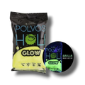 Polvo Holi Glow amarillo de PartyStore que brilla bajo luz UV, ideal para fiestas y eventos temáticos.