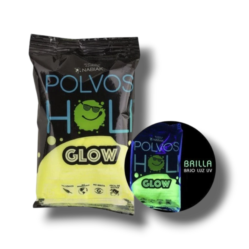 Polvo Holi Glow amarillo de PartyStore que brilla bajo luz UV, ideal para fiestas y eventos temáticos.