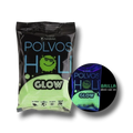 Polvo Holi Glow verde de PartyStore que brilla bajo luz UV, ideal para fiestas y eventos temáticos