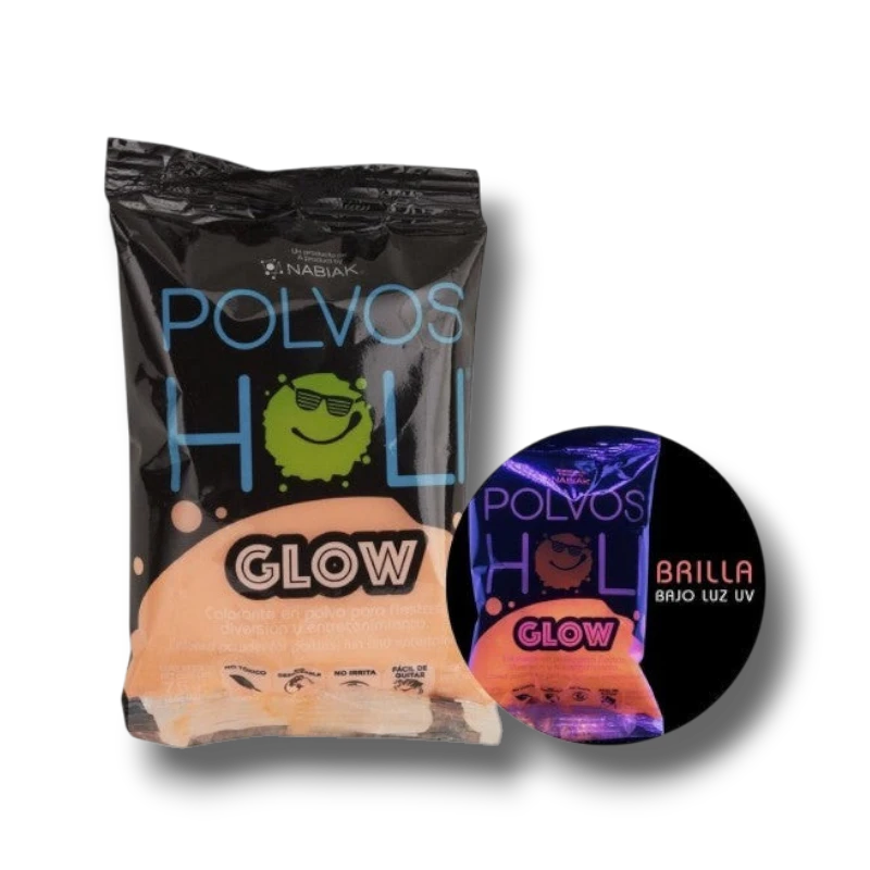Polvo Holi Glow naranja de PartyStore que brilla bajo luz UV, ideal para fiestas y eventos temáticos