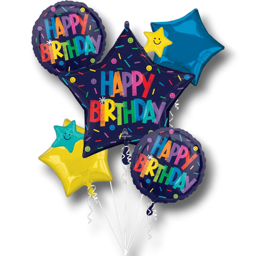 Ramo de globos PartyStore con diseño Happy Birthday, estrellas y confeti en colores vibrantes sobre fondo blanco