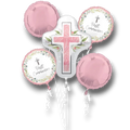 Ramo de globos PartyStore para Primera Comunión en tonos rosa con diseño de cruz y motivos florales