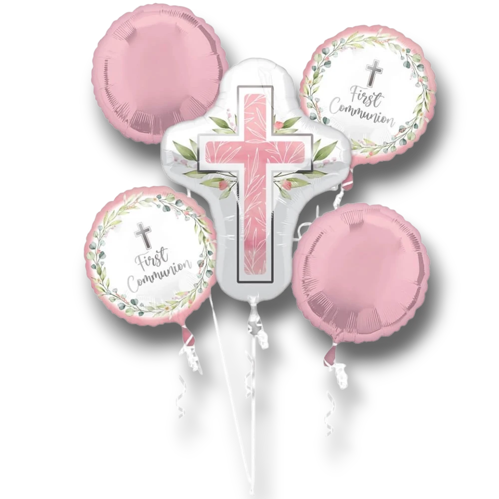 Ramo de globos PartyStore para Primera Comunión en tonos rosa con diseño de cruz y motivos florales