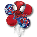 Ramo de 5 globos de Spiderman de PartyStore con diseño de superhéroe en colores rojo y azul para fiestas infantiles