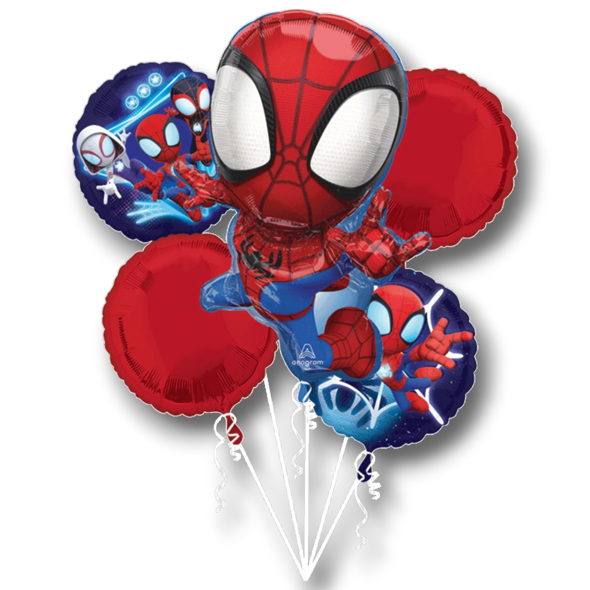 Ramo de 5 globos de Spiderman de PartyStore con diseño de superhéroe en colores rojo y azul para fiestas infantiles