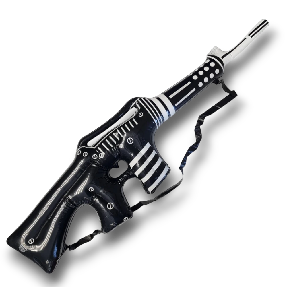 Rifle inflable PartyStore de color negro y blanco con correa, ideal para fiestas temáticas y disfraces