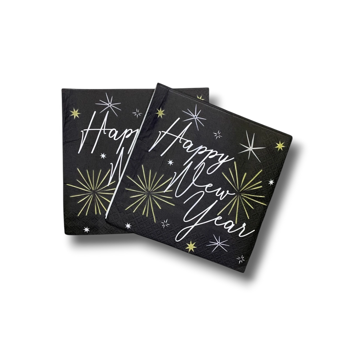 Servilletas PartyStore negras con diseño de fuegos artificiales y texto Happy New Year en blanco y dorado
