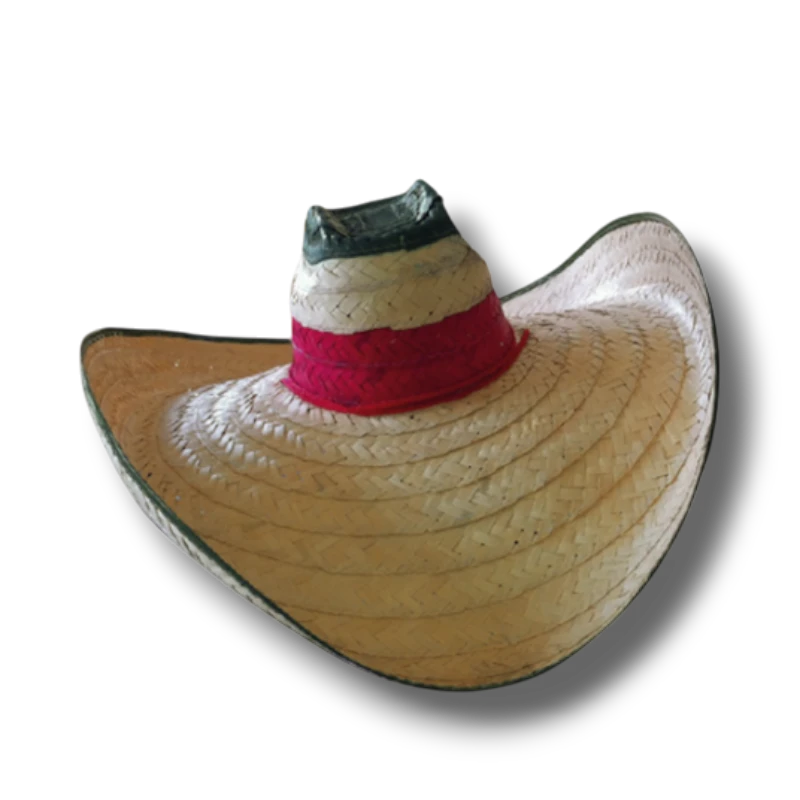 Sombrero mexicano PartyStore de paja con banda roja y detalles en verde, ideal para fiestas temáticas.