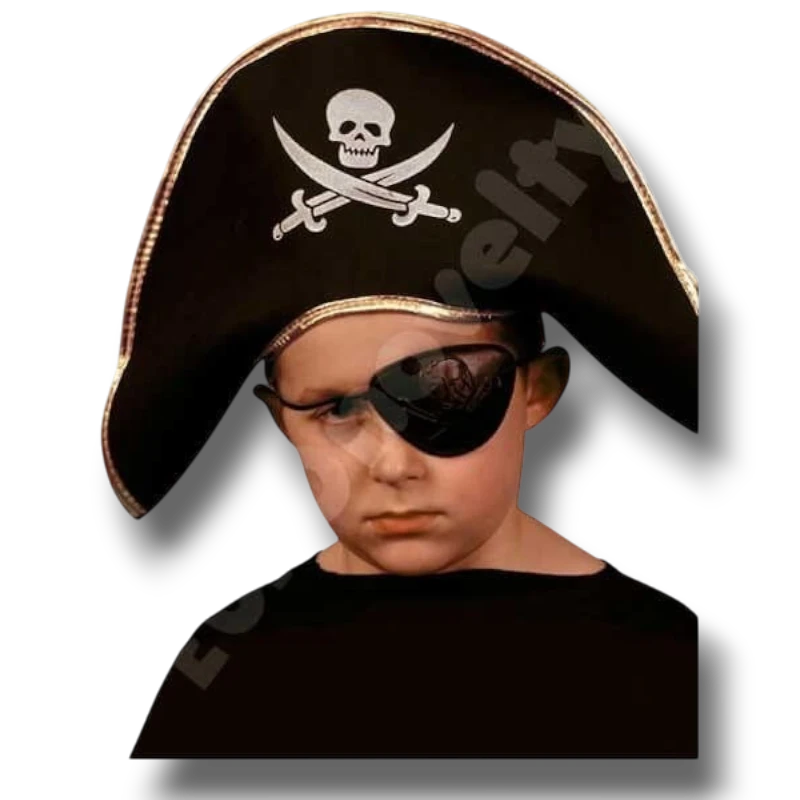 Niño con sombrero pirata de tela negro con calavera y parche en el ojo de PartyStore