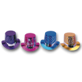 Sombreros de copa PartyStore en colores metalizados morado, fucsia, azul y dorado con diseños de purpurina brillante