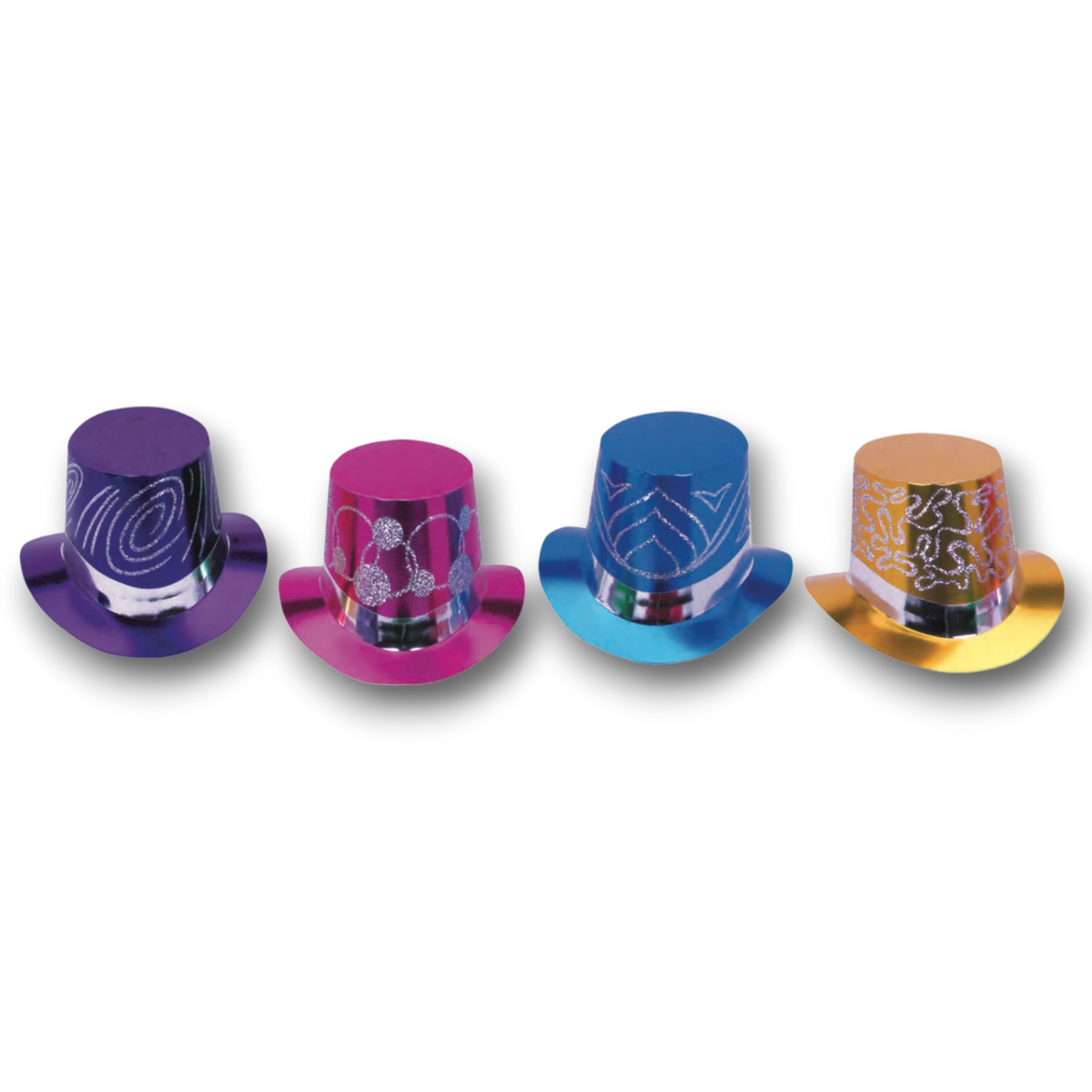 Sombreros de copa PartyStore en colores metalizados morado, fucsia, azul y dorado con diseños de purpurina brillante