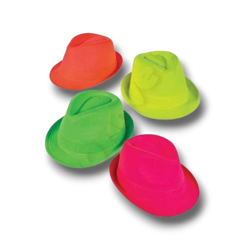 Sombreros fedora PartyStore en colores neón brillante rojo, verde, amarillo y rosa para fiestas y eventos