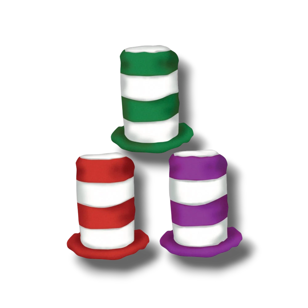 Sombreros de fiesta PartyStore estilo caramelo a rayas en colores verde, rojo y morado con blanco