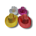 Set de cuatro sombreros vaqueros PartyStore con acabado de terciopelo brillante en colores plata, fucsia, oro y rojo