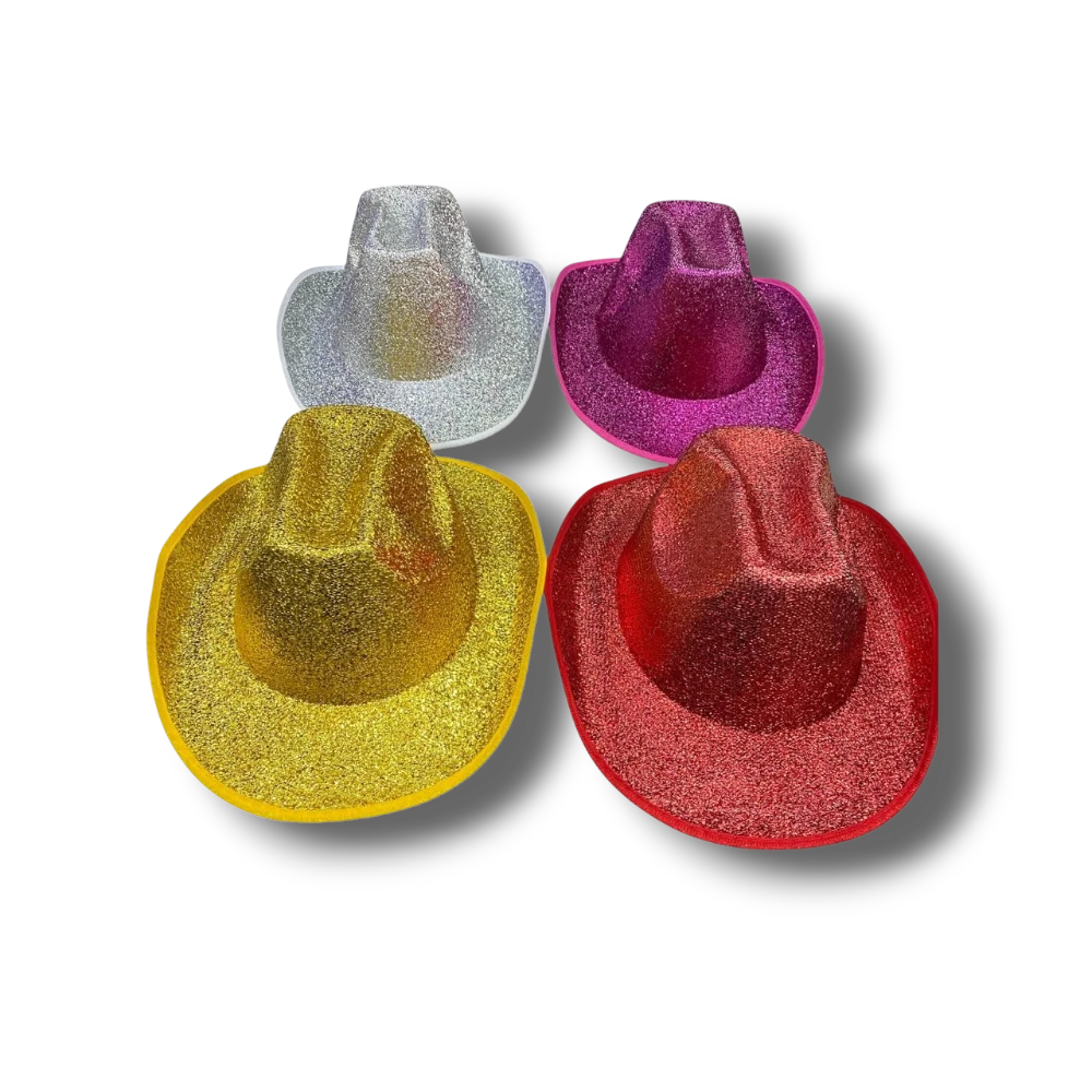 Set de cuatro sombreros vaqueros PartyStore con acabado de terciopelo brillante en colores plata, fucsia, oro y rojo