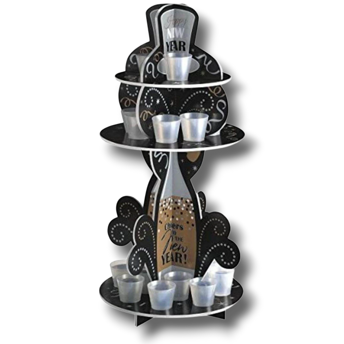Soporte de cartón PartyStore para vasos de chupito con diseño festivo de Año Nuevo en negro, dorado y plateado