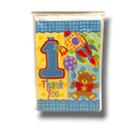 Tarjeta de agradecimiento PartyStore con diseño de primer cumpleaños, cohete, oso de peluche y número uno azul