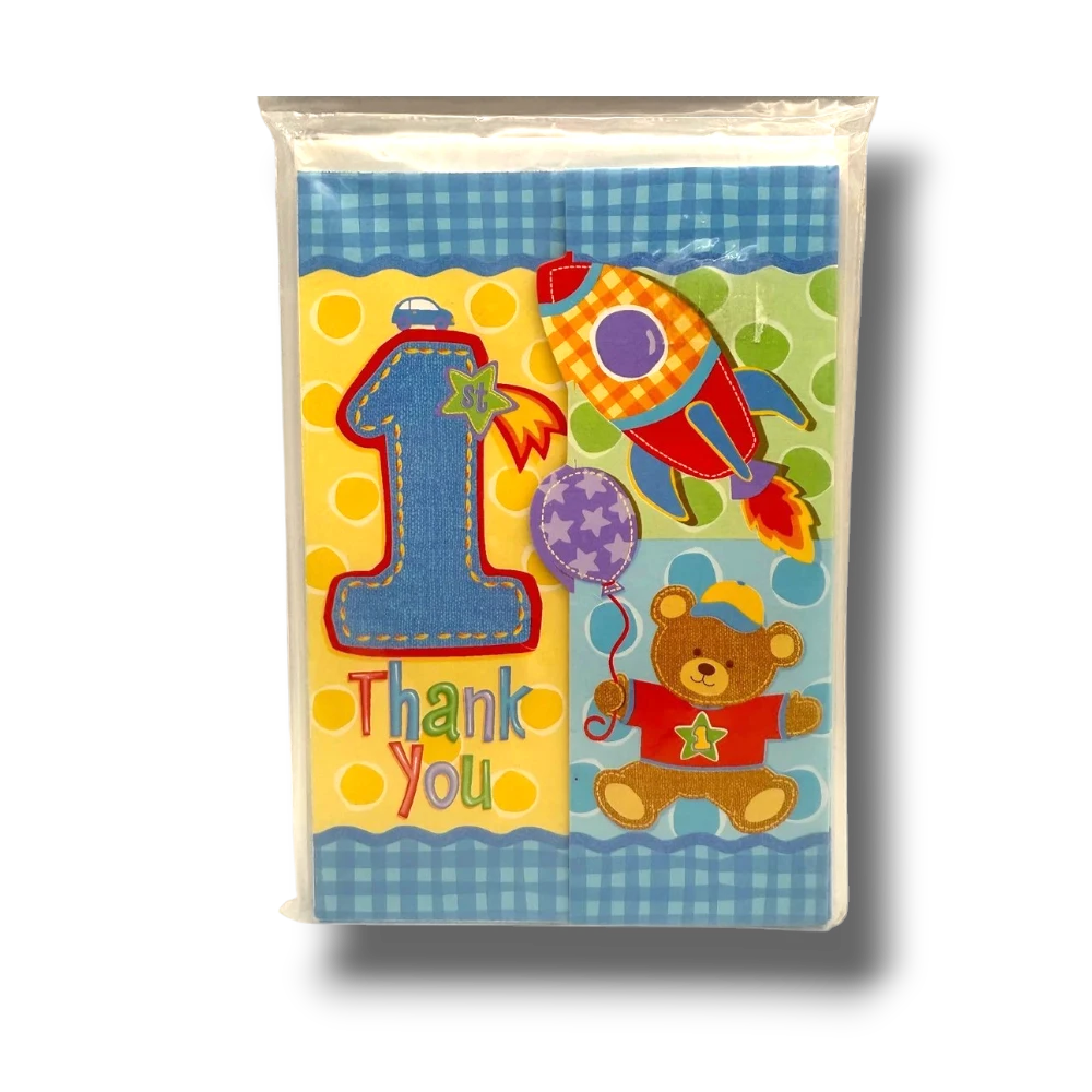 Tarjeta de agradecimiento PartyStore con diseño de primer cumpleaños, cohete, oso de peluche y número uno azul