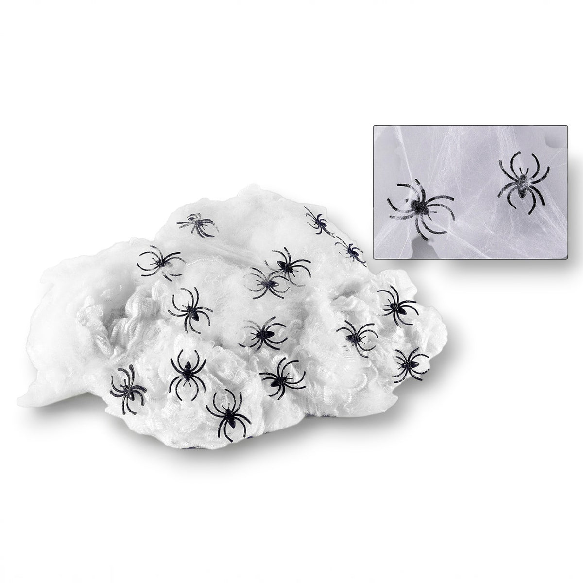Telaraña artificial blanca PartyStore de 20 gramos con pequeñas arañas negras decorativas para decoración de Halloween