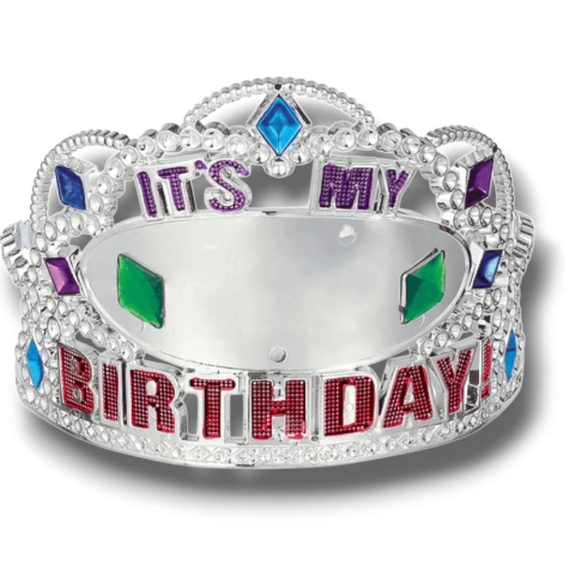 Tiara plateada PartyStore con texto It's My Birthday y gemas de colores brillantes para celebraciones de cumpleaños