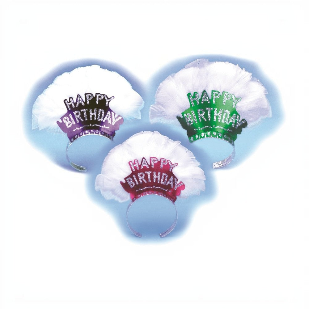 Tiara de cumpleaños PartyStore con plumas blancas y letrero brillante Happy Birthday en varios colores