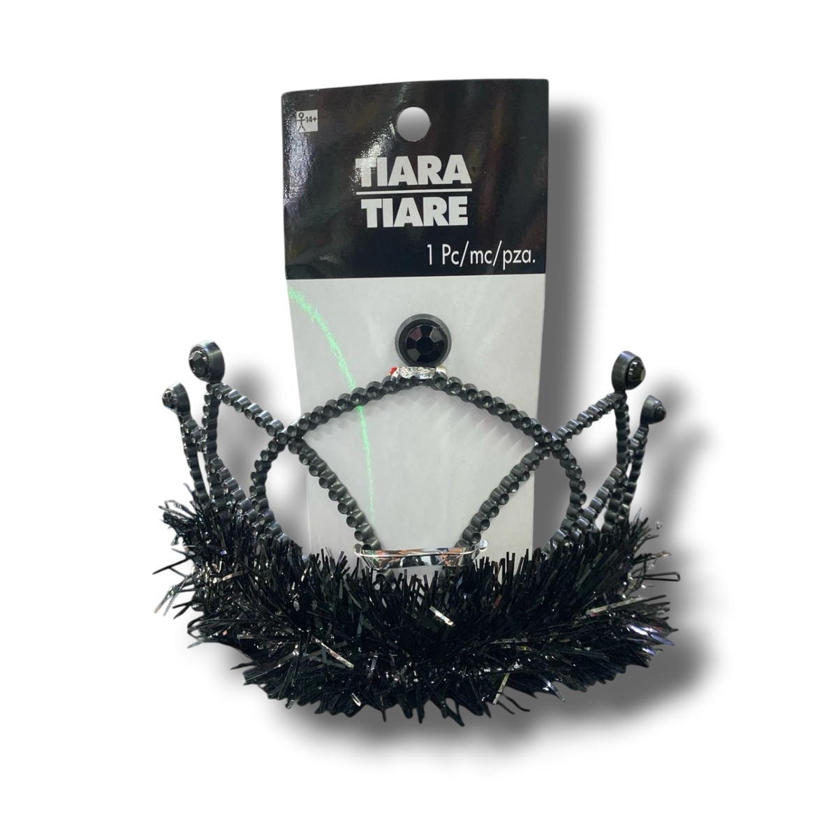 Tiara negra PartyStore con detalles de gemas oscuras y base de flecos brillantes para disfraces