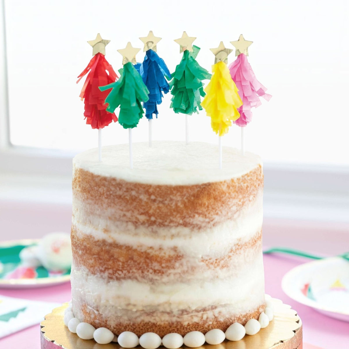 Toppers para tarta PartyStore con forma de árbol de Navidad de papel seda multicolor y estrellas doradas en la punta