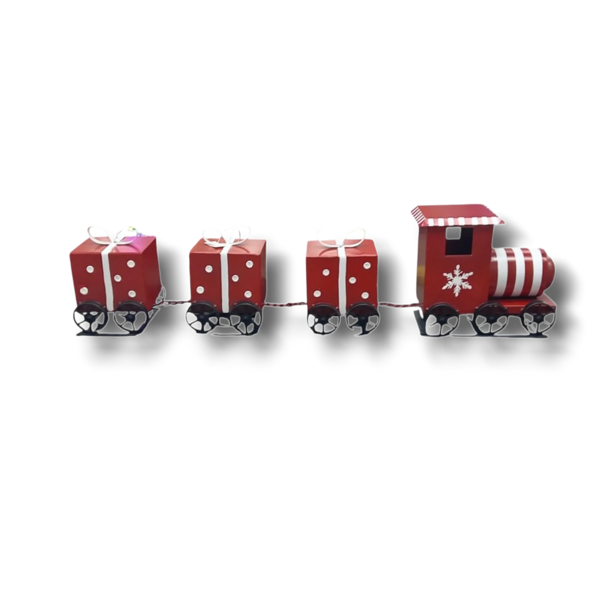 Tren decorativo de metal rojo PartyStore con vagones de regalo y detalles de copos de nieve para Navidad