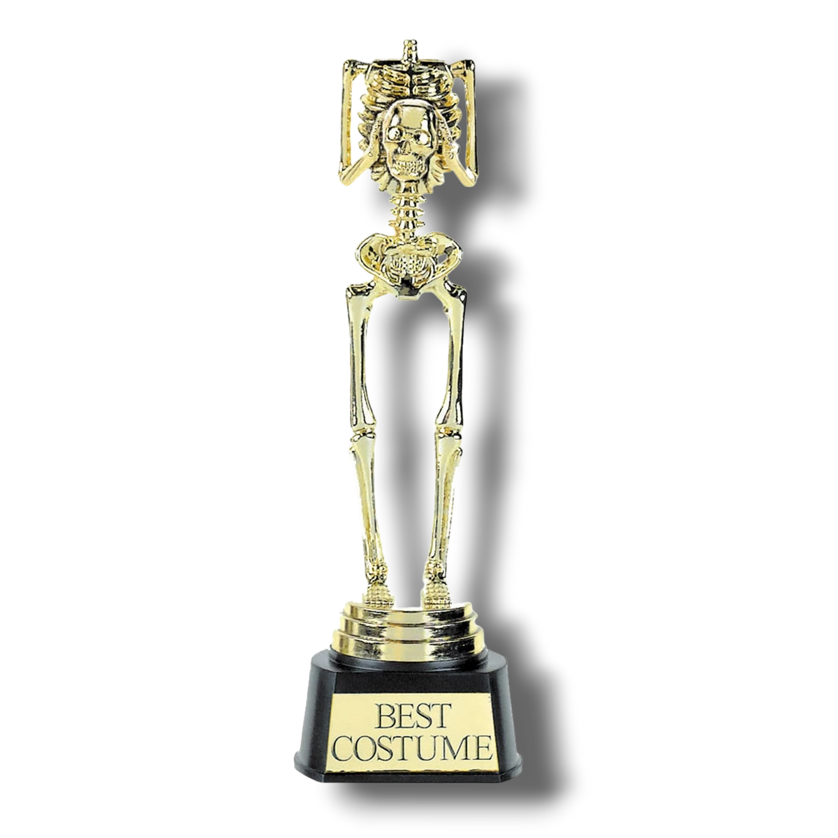Trofeo PartyStore con figura de esqueleto dorado y placa con la inscripción Best Costume sobre base negra