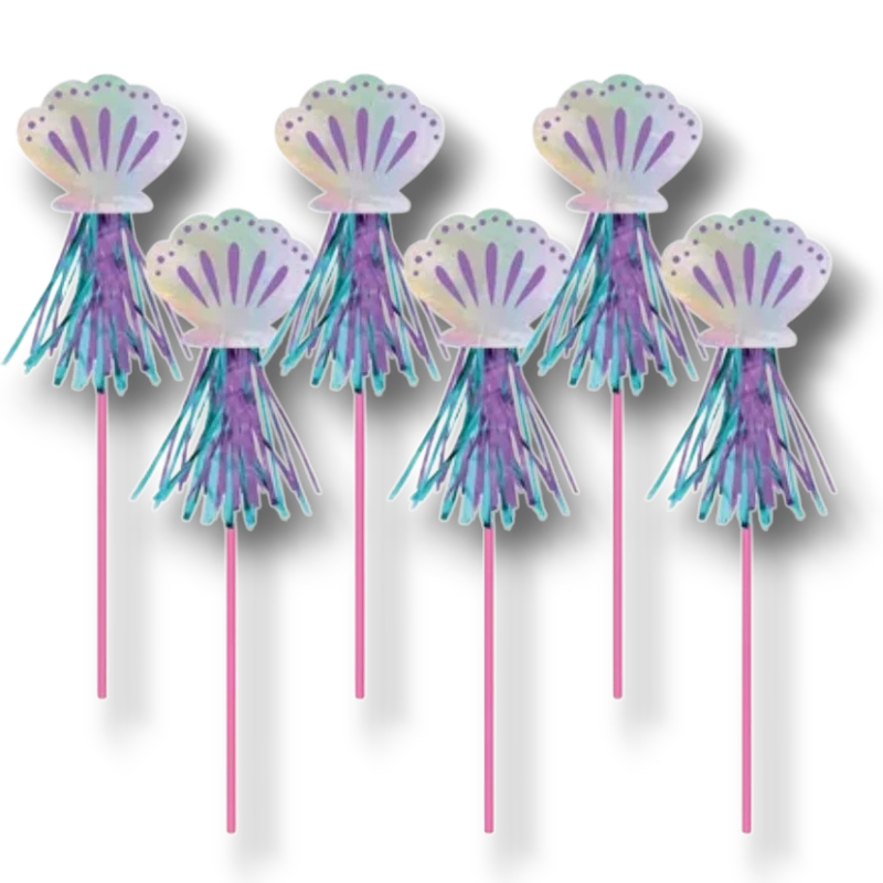Set de 6 varitas PartyStore con diseño de concha marina metalizada y flecos brillantes en tonos azul y morado