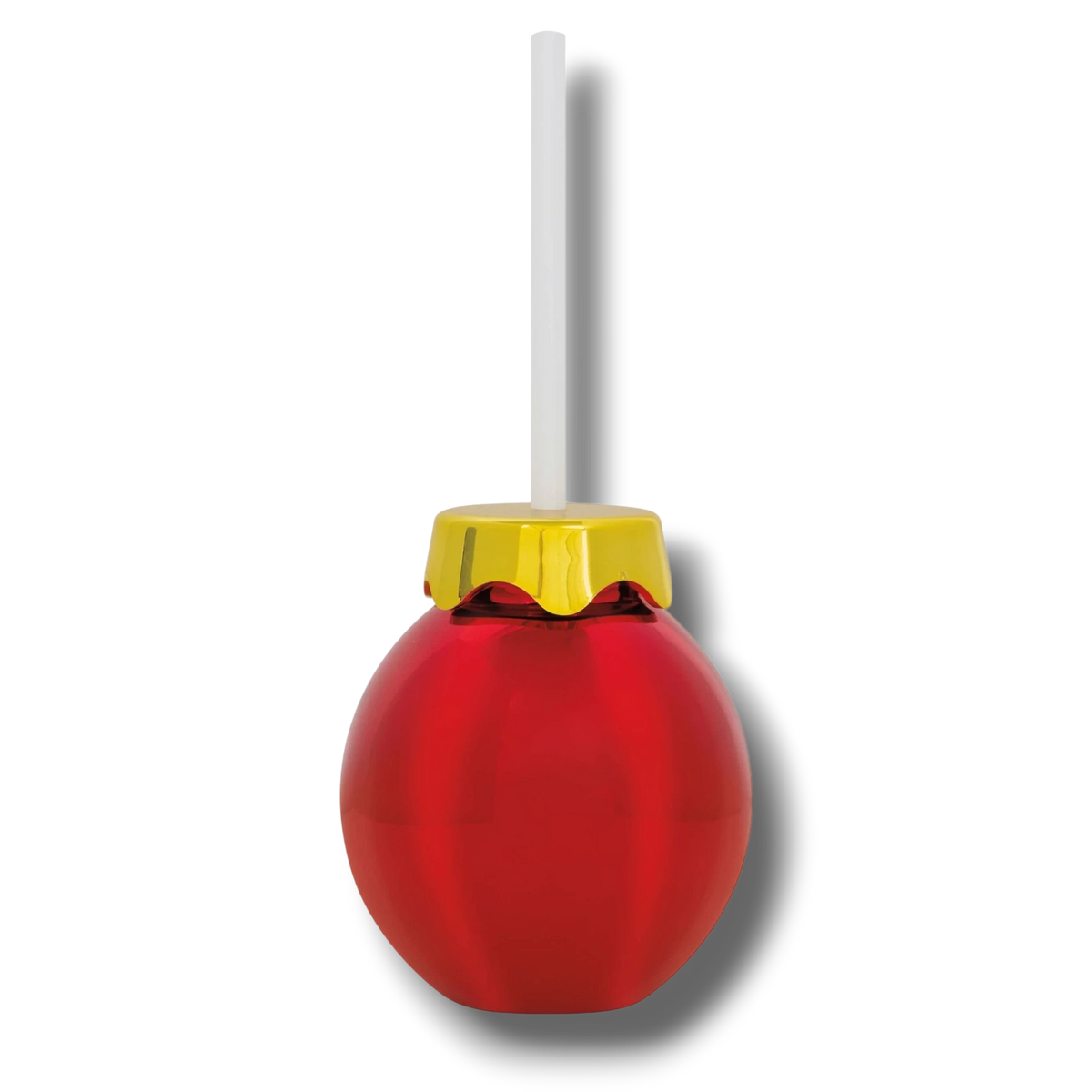Vaso PartyStore con forma de esfera navideña roja brillante y tapa dorada con popote blanco de 12oz