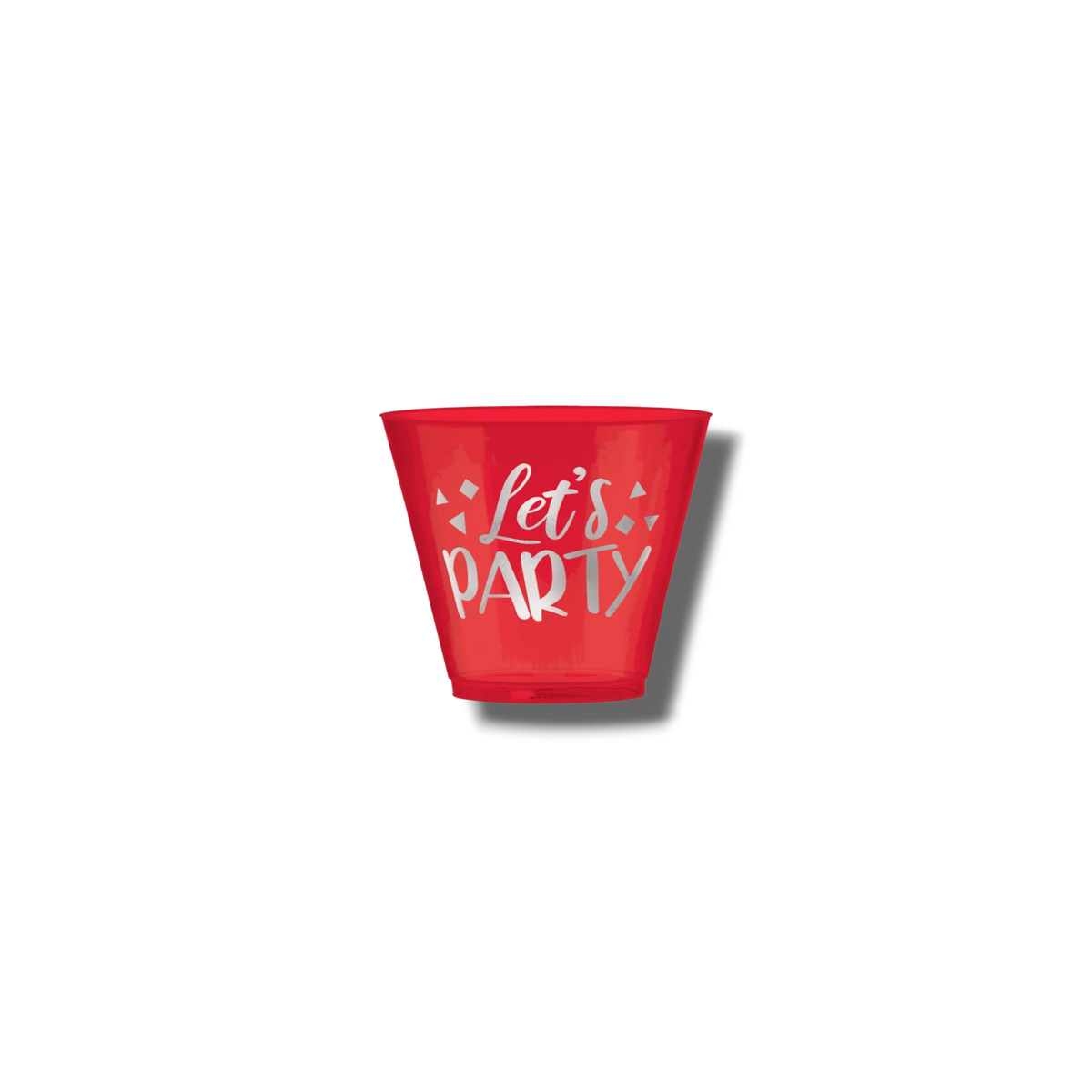 Vaso PartyStore de 9oz en color rojo traslúcido con la frase Let's Party impresa en letras plateadas